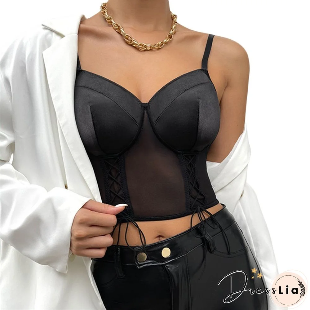 Y2k Aesthetic Mesh Cami Top Sexy Ladies Sleeveless V Neck Cropped Tshirt New Fashion Womens Tanks Shirring Camisole