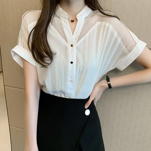 Solid Short Sleeve Mesh Tops Blusas Mujer De Moda Casual Women Clothing Office Lady Blouse Fashion New V-neck White Shirt 9635