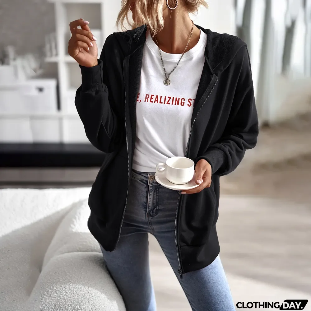 Fall Women Solid Color Zip Long Sleeve Casual Hoodies Coat