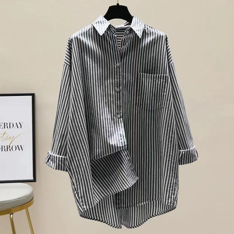 Brownm Brownm Spring And Autumn New Han Fan Literature And Arts Front Short And Rear Long Shirt Women Long Striped Shirt Casual Coat Summer