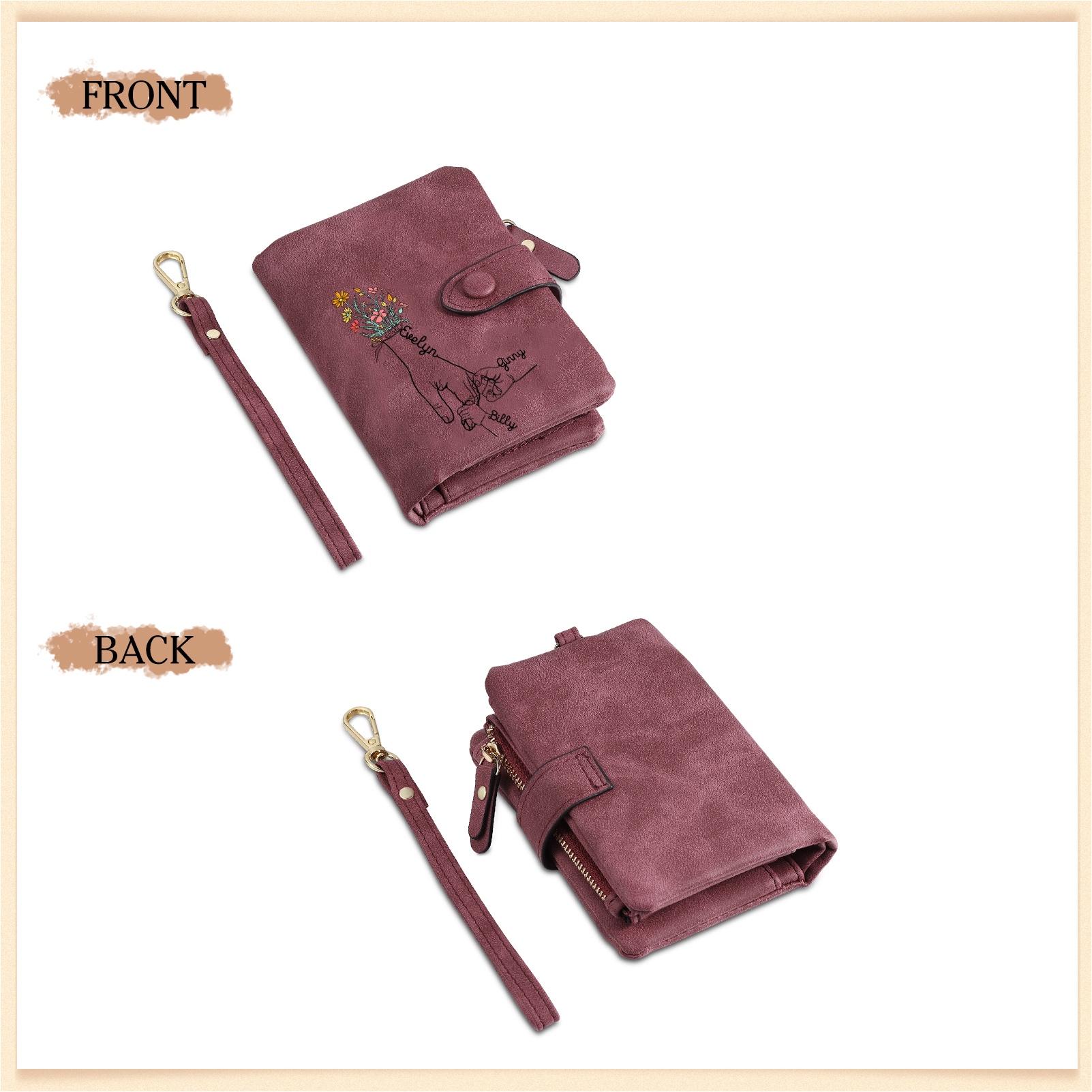 Portafoglio in PU pelle fiore mano con 3 nomi personalizzati per mamma/nonna