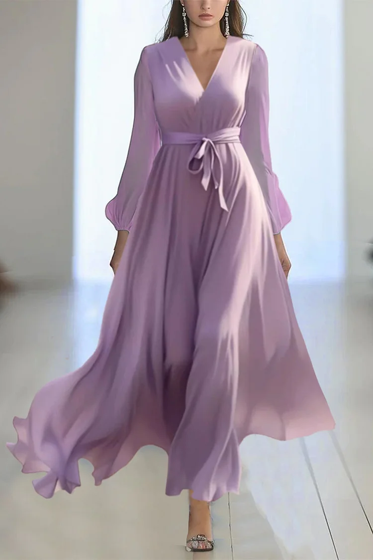 Semi Formal Light Purple V Neck Long Sleeve Lace-Up Maxi Dress