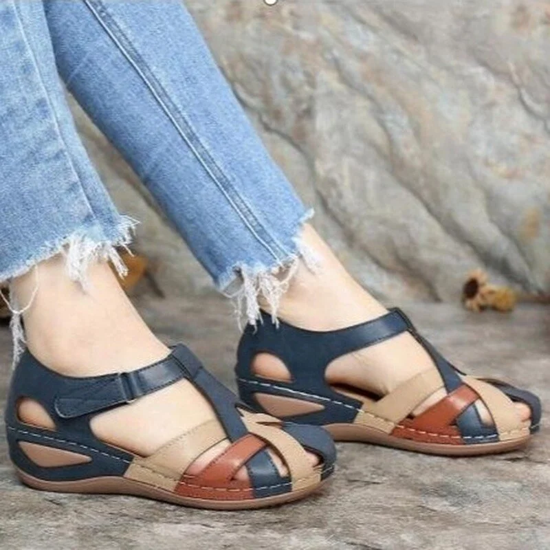 2020 New Summer Women's Sandals Fashion Velcro Wedge Casual Sandals Baotou Low Heel PU Roman Women's Shoes Zapatos De Mujer