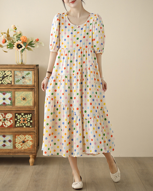 Colorful Polka Dot Puffed Short Sleeve Midi Dress