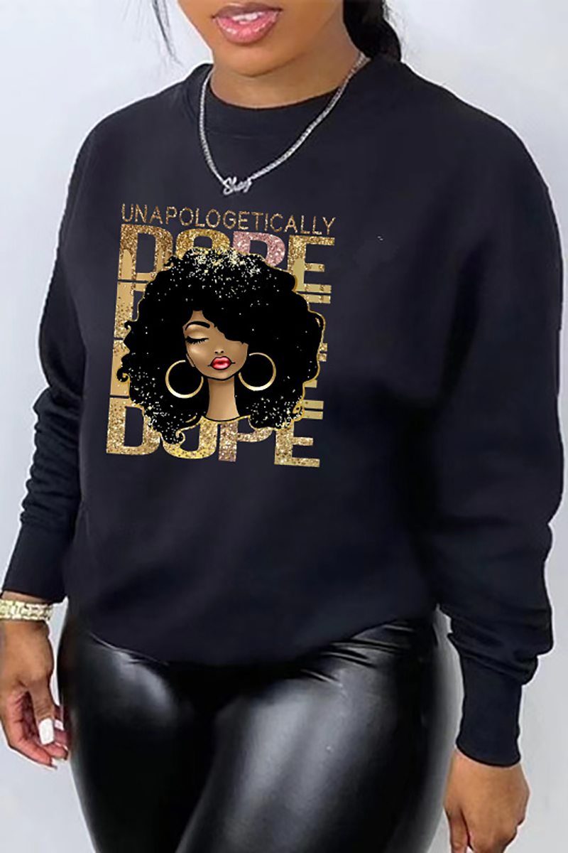 Plus Size African Casual Black Graphic Print Round Neck Long Sleeve Sweatshirts
