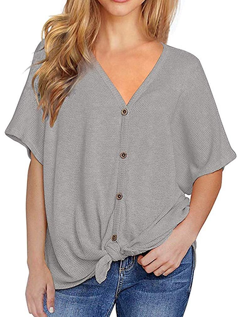 Womens Waffle Knit Tunic Blouse Tie Knot Henley Tops Loose Fitting Bat Wing Plain Shirts