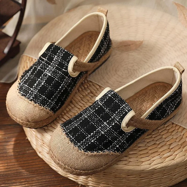 Black Plaid Cotton Linen Patchwork Flat Feet Shoes