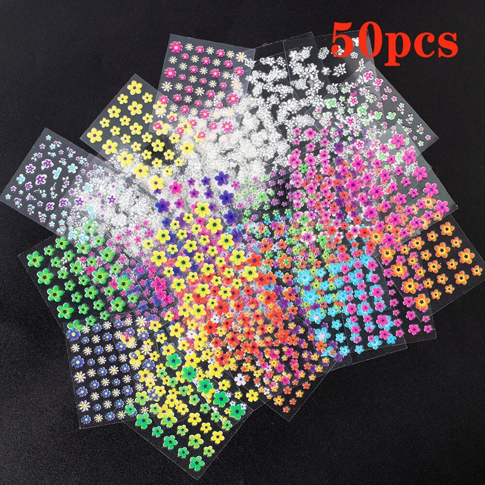 50Pcs/Set DIY French Tips Nail Decals Mixed Styles Colorful Floral Beauty Design Transfer Slider Nail Art Sticker Decals Flower