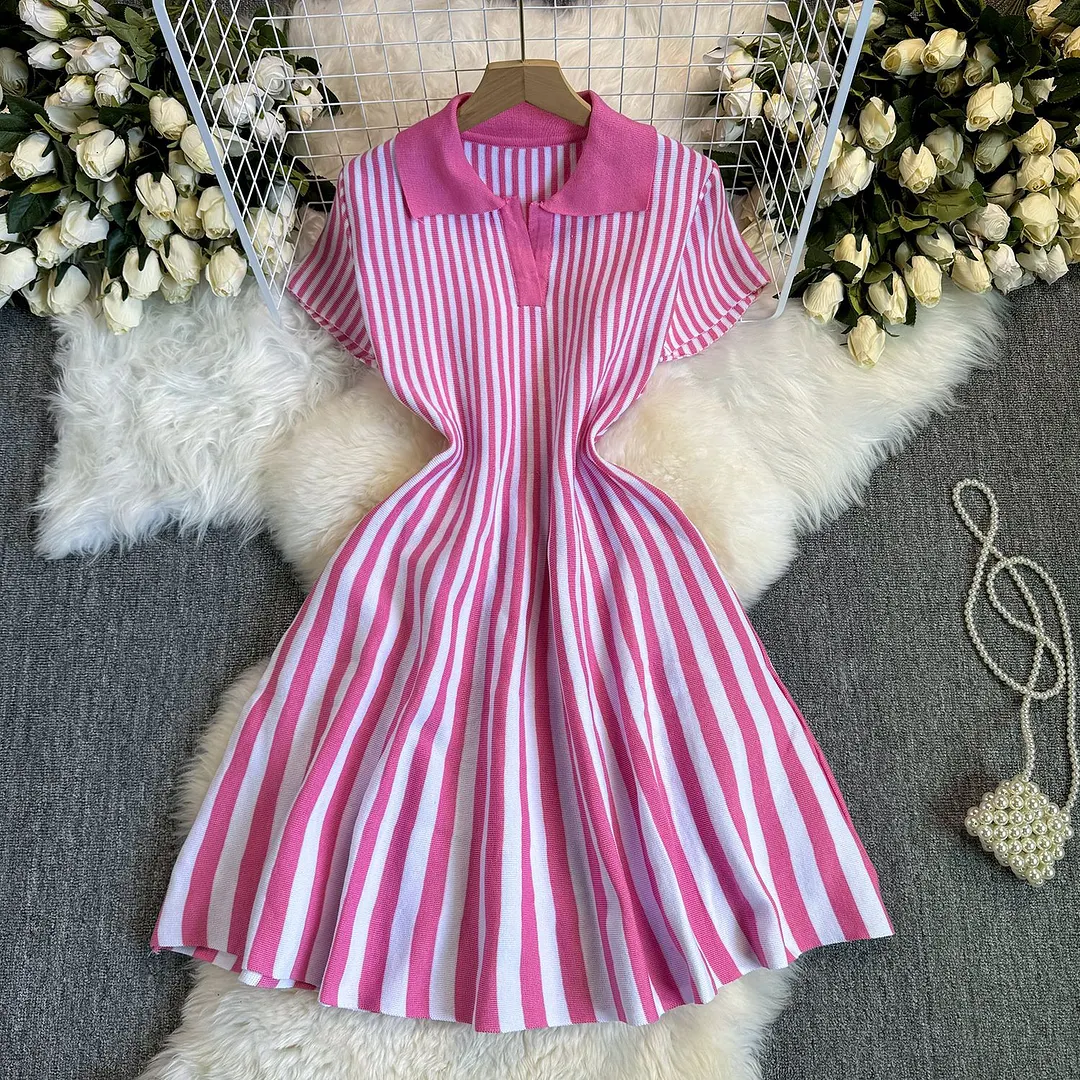 Churchf Churchf Retro-Necked Short-Sleeved Striped Knitted Dress Female Waist Temperament Thin A-Word Dress