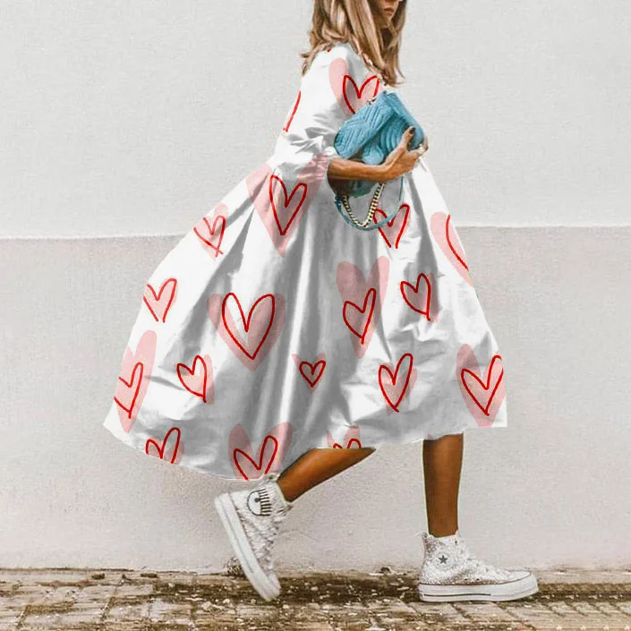 Loose Hand-Painted Heart Print Midi Dress