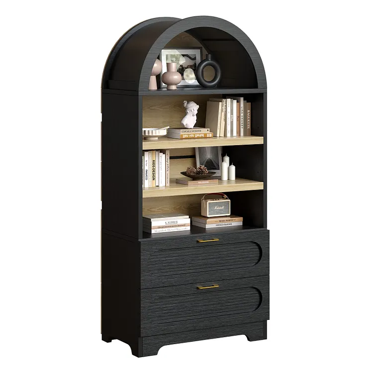Bestier 71" Tall Kitchen Pantry Storage Cabinet, 4-Tier Arched  Bookshelves with 3 Adjustable Shelves & 2 Doors, Display Shelf with Storage for Living Room Home Office