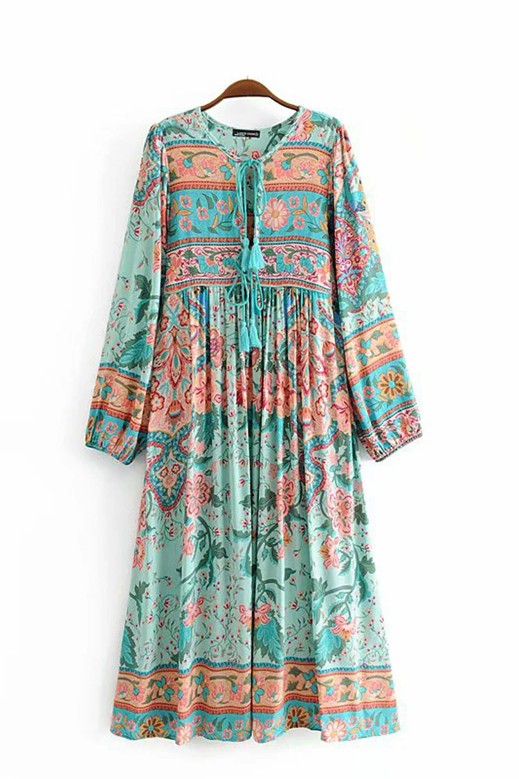 Gown Dress, Luditu Maxi Dress, Loose Dress, Wild Flower Eulalie in Green and Red