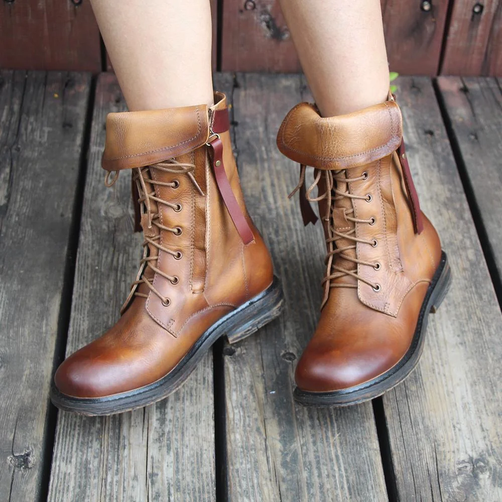 Boots Women Biker Boots Lace-Up Combat Boots Chunky Ankle Boots Camel