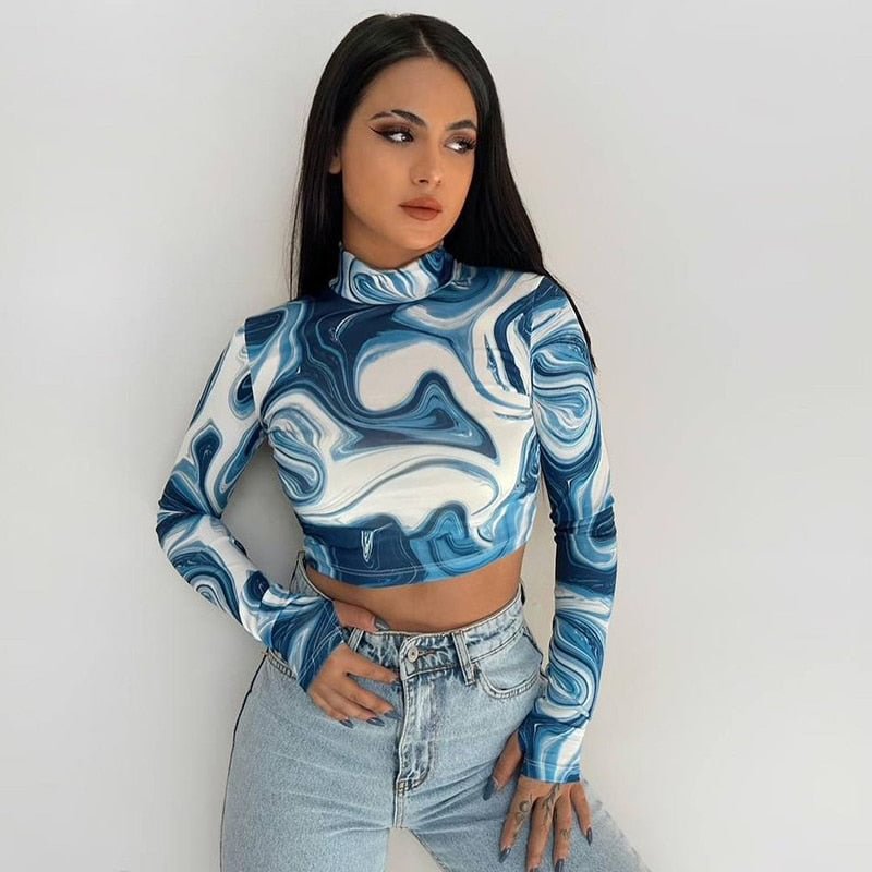 wsevypo Abstract Stripe Print Crop Tops Spring Autumn Long Sleeve Turtleneck Pullovers Women Tees Streetwear Backless Top