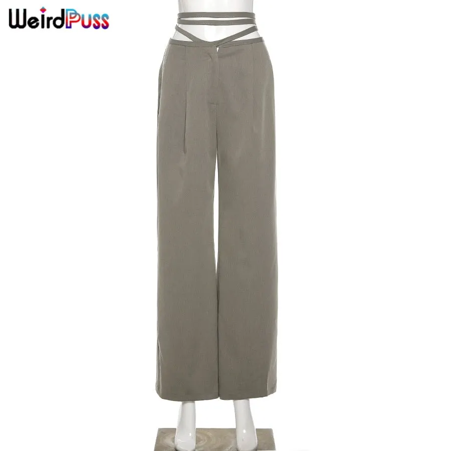 Weird Puss Cyber Y2K High Waist Bandage Women Pants Baggy Elegance Harajuku Straight Trousers 2021 Fashion Streetwear Outfits