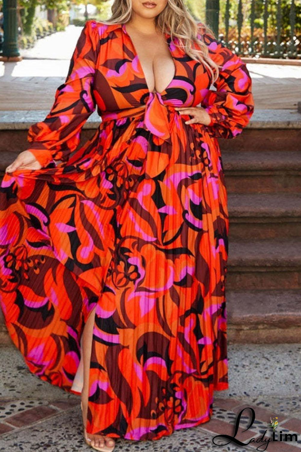 Red Fashion Casual Print Bandage Slit V Neck Long Sleeve Dresses