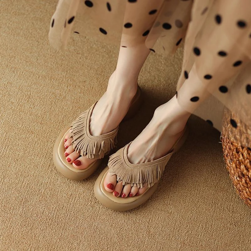 Colourp Colourp Summer New Thick High With Thick Bottom Tassel Flip-Flops Summer Outside Wear British Style Retro Versatile Sandals Women