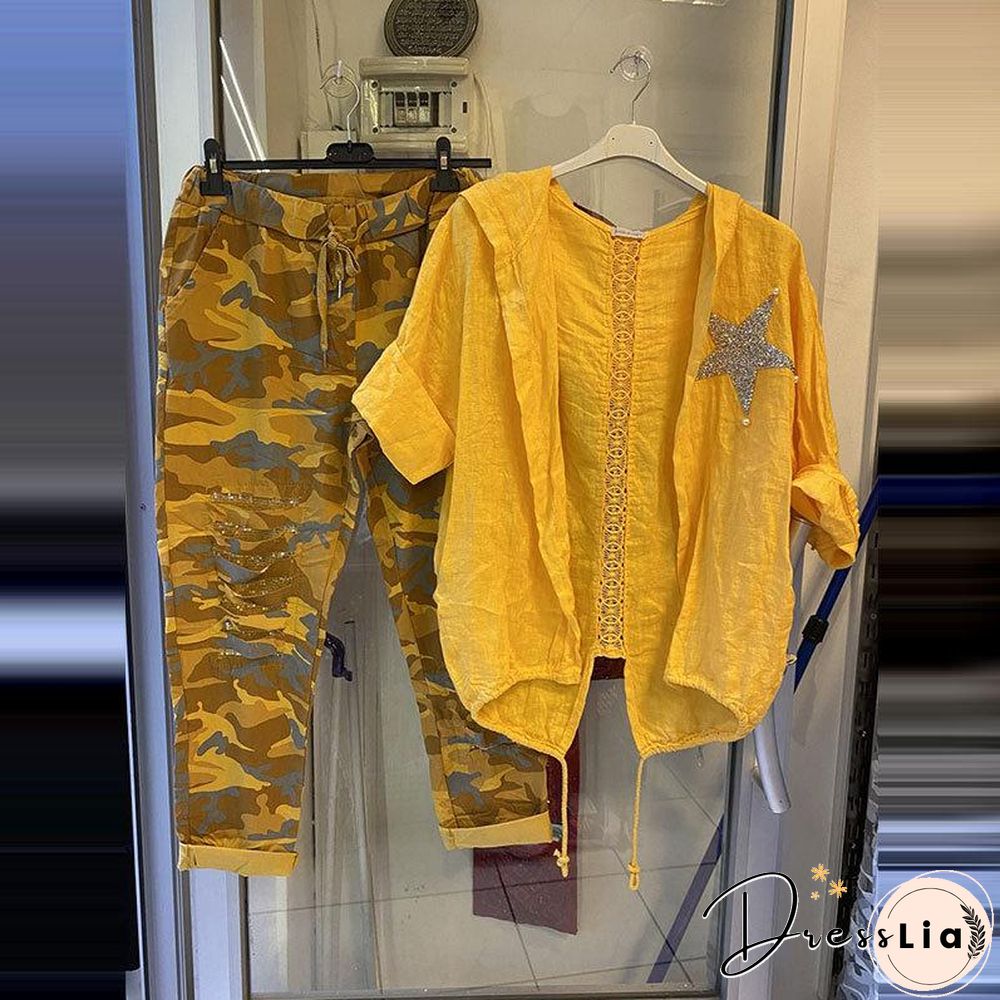 Sequin Star Decor Shirt And Camouflage Pants