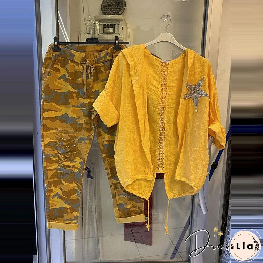 Sequin Star Decor Shirt And Camouflage Pants