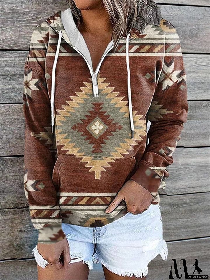 MidiSono - Women's Ethnic Diamond Printed Long Sleeve Pullover Hooded Sweatshirt