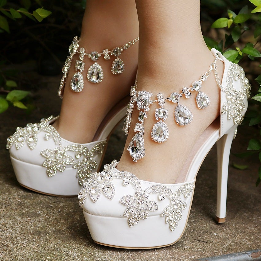 White crystal ankle strap rhinestone wedding heels | Thick platform stiletto heeled bridal shoes