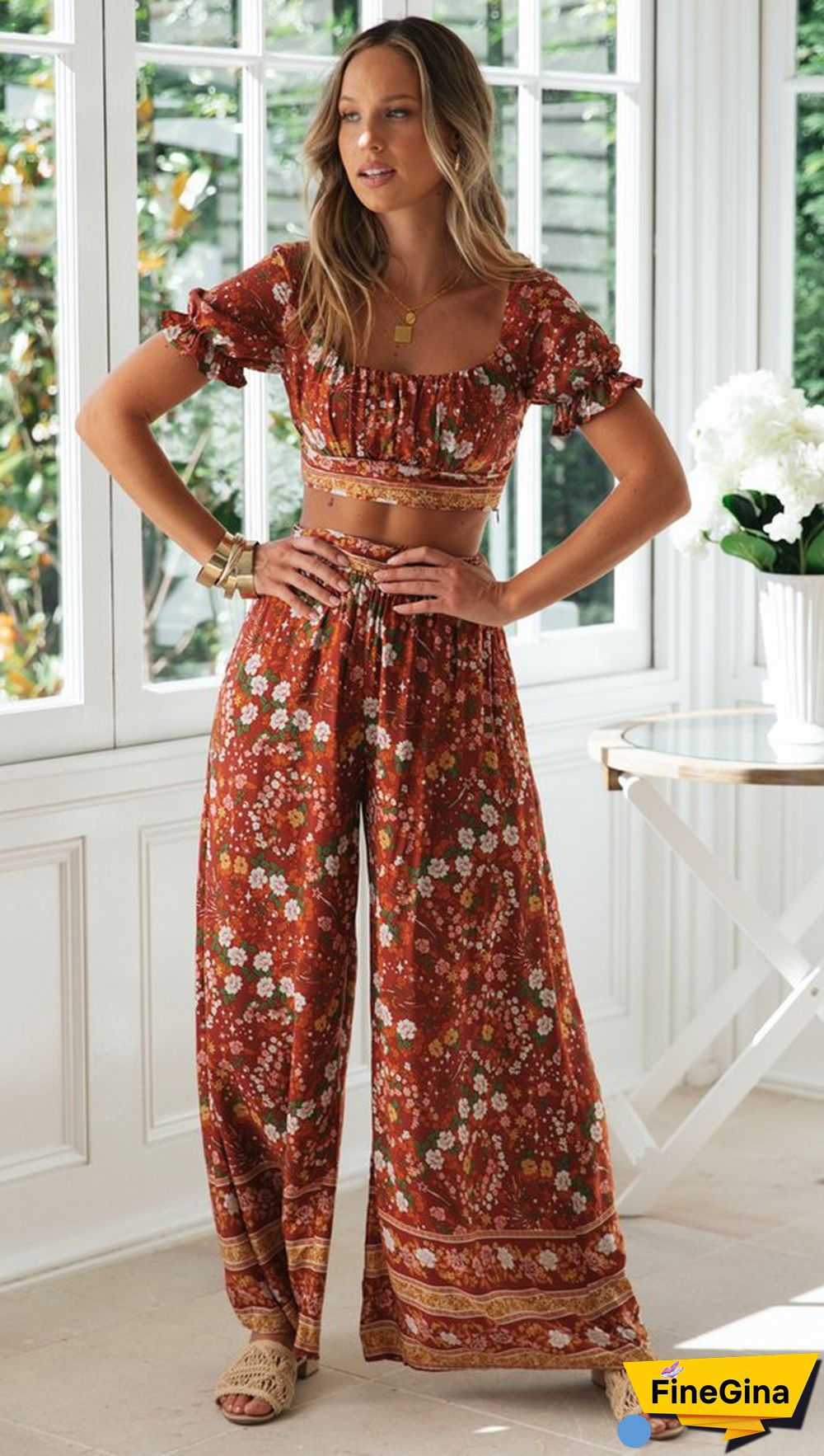 Coffee Floral Crop Top and Pants Matching Sets