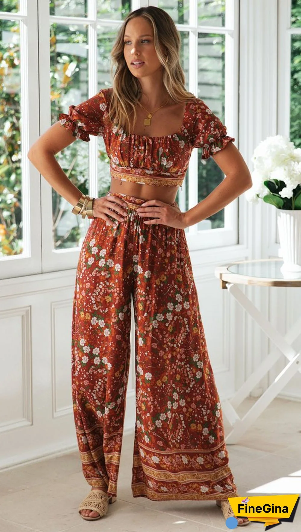 Coffee Floral Crop Top and Pants Matching Sets
