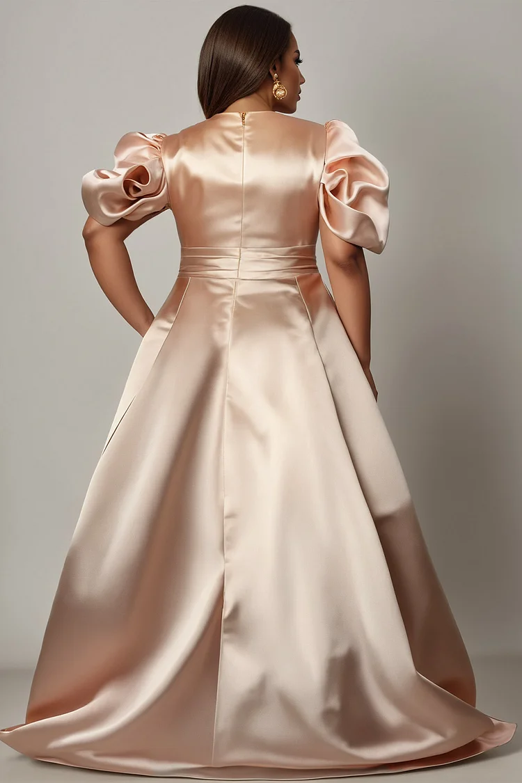 Xpluswear Design Plus Size Mother Of The Bride Champagne Short Sleeve Peplum 3D Satin Midi Dresses