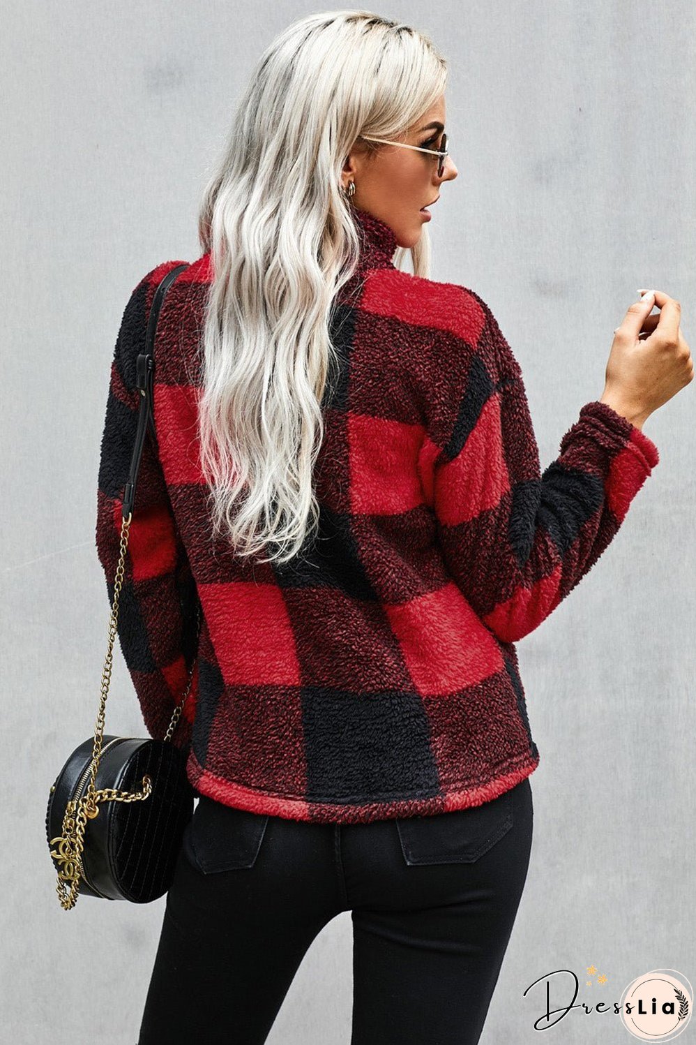 Women's Winter Red Plaid Zip Collar Plush Pullover Sweatshirt