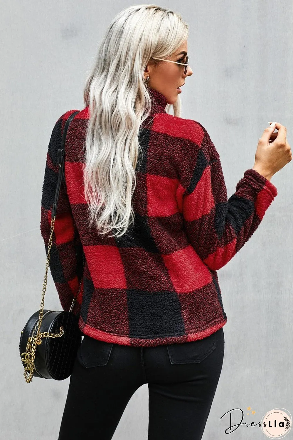 Women's Winter Red Plaid Zip Collar Plush Pullover Sweatshirt
