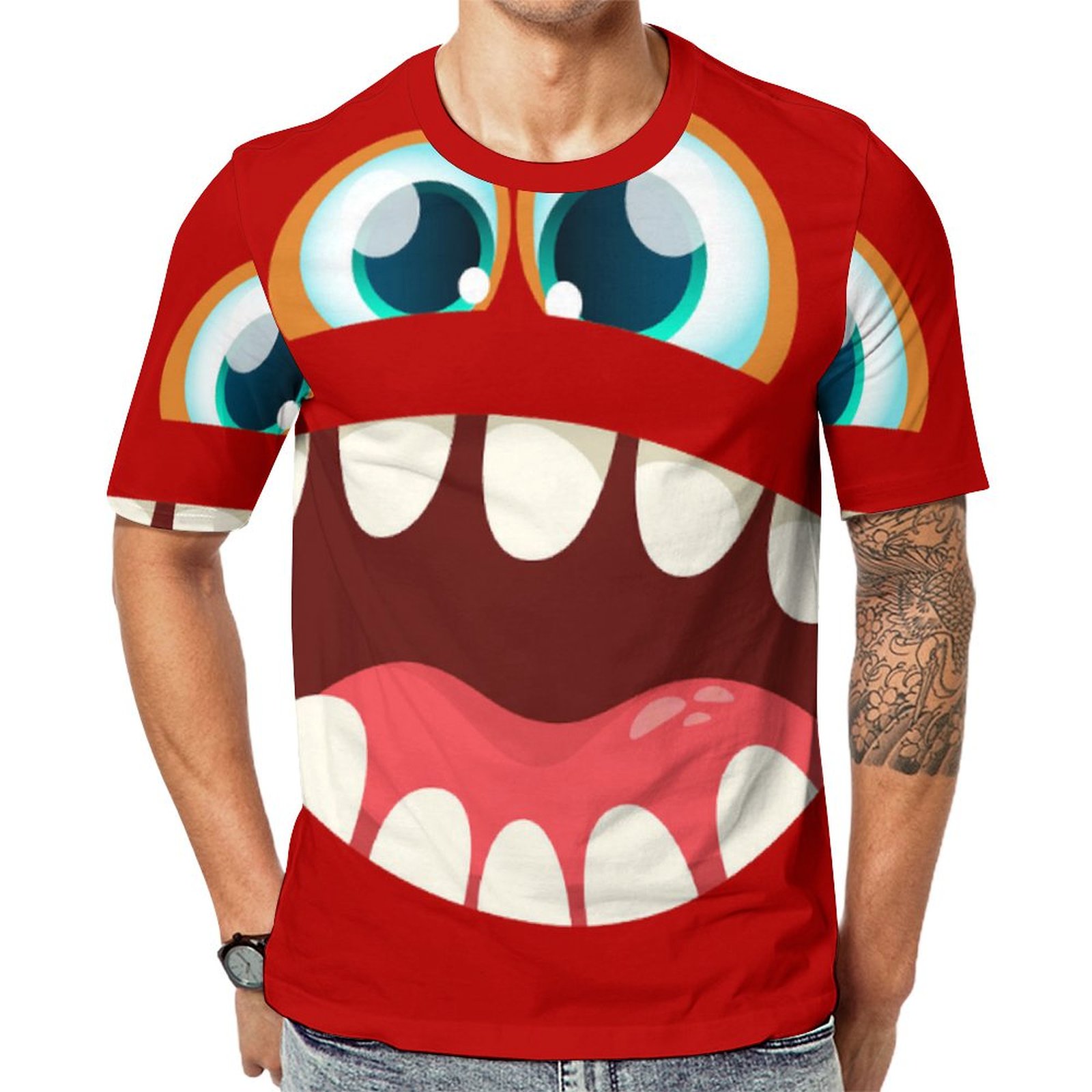 Scary Silly Monster Face For Kids Red Short Sleeve Print Unisex Tshirt Summer Casual Tees for Men and Women Coolcoshirts