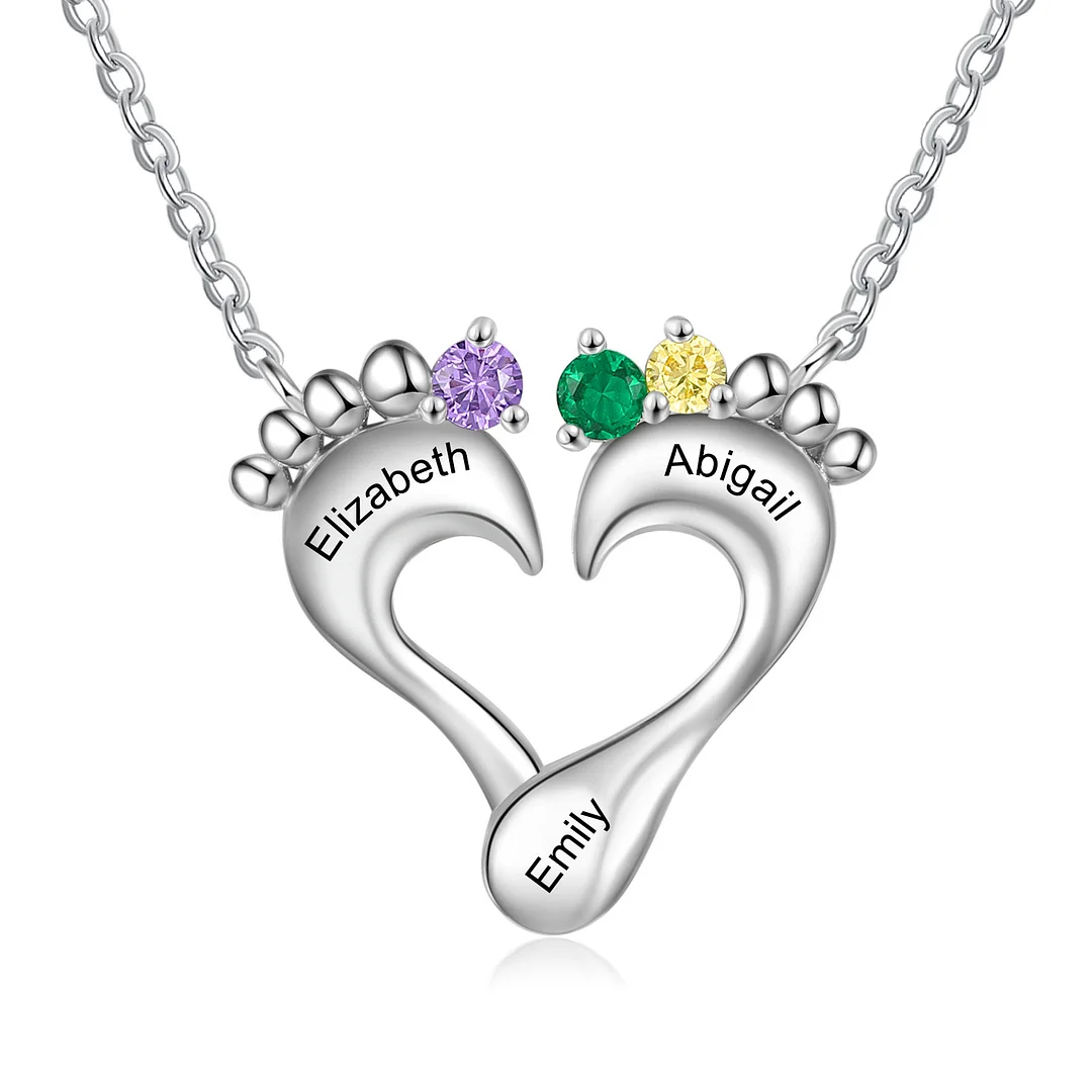 Personalized Heart Baby Feet Necklace with 3 Birthstones Engraved Names for Mom