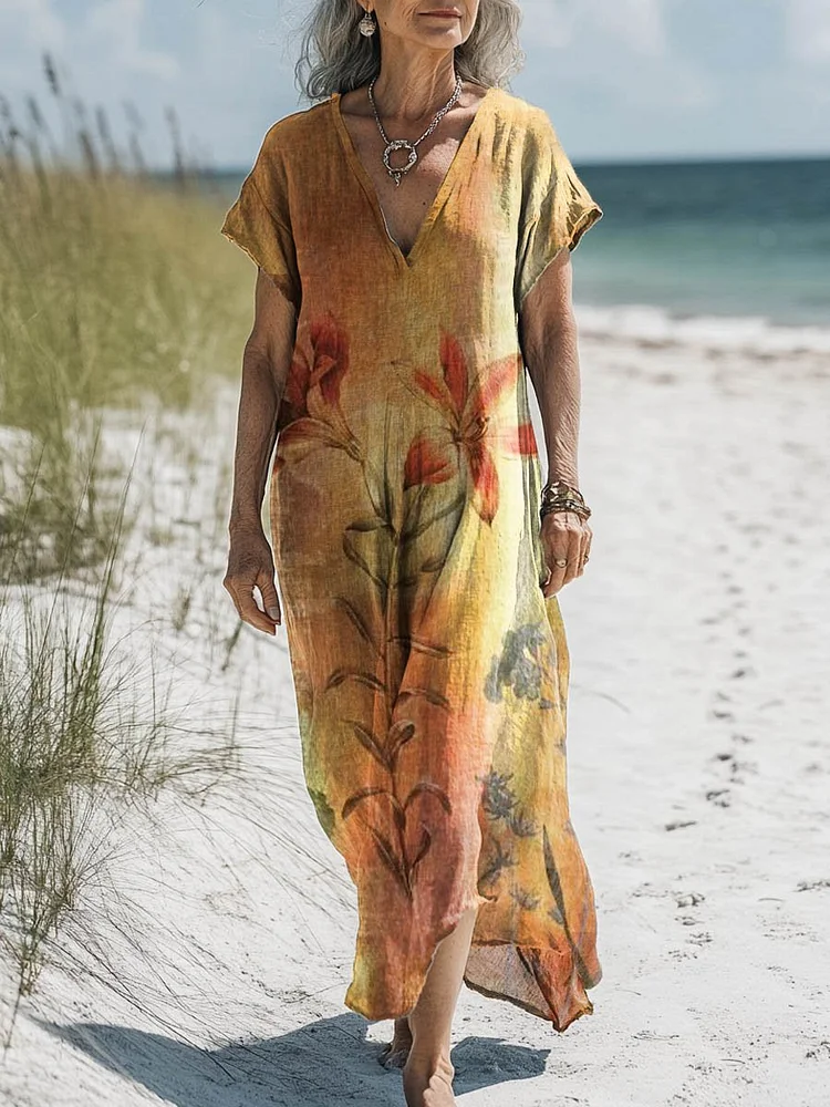 Women's Vintage Lovely Floral Art Print Pocket Cotton Dress