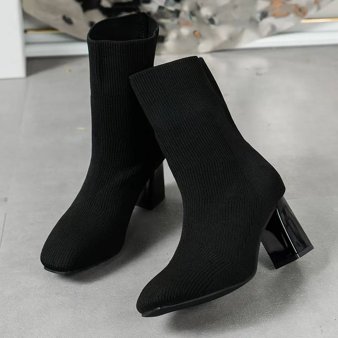 Breakj Breakj Boots 2025 New Autumn/Winter Sharp Head Weaving Big Size Women's Boots Coarse High Heel Middle-T-Big-Hee Thin-Skinned Socks Boots