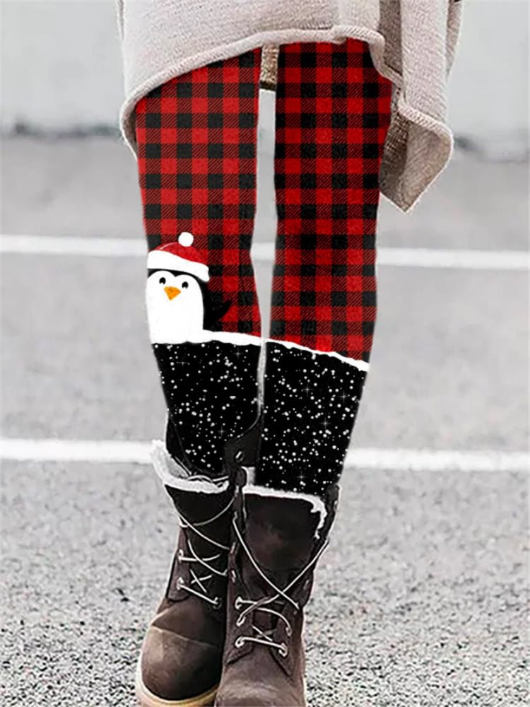 Women's Warm Christmas Plaid Penguin Leggings