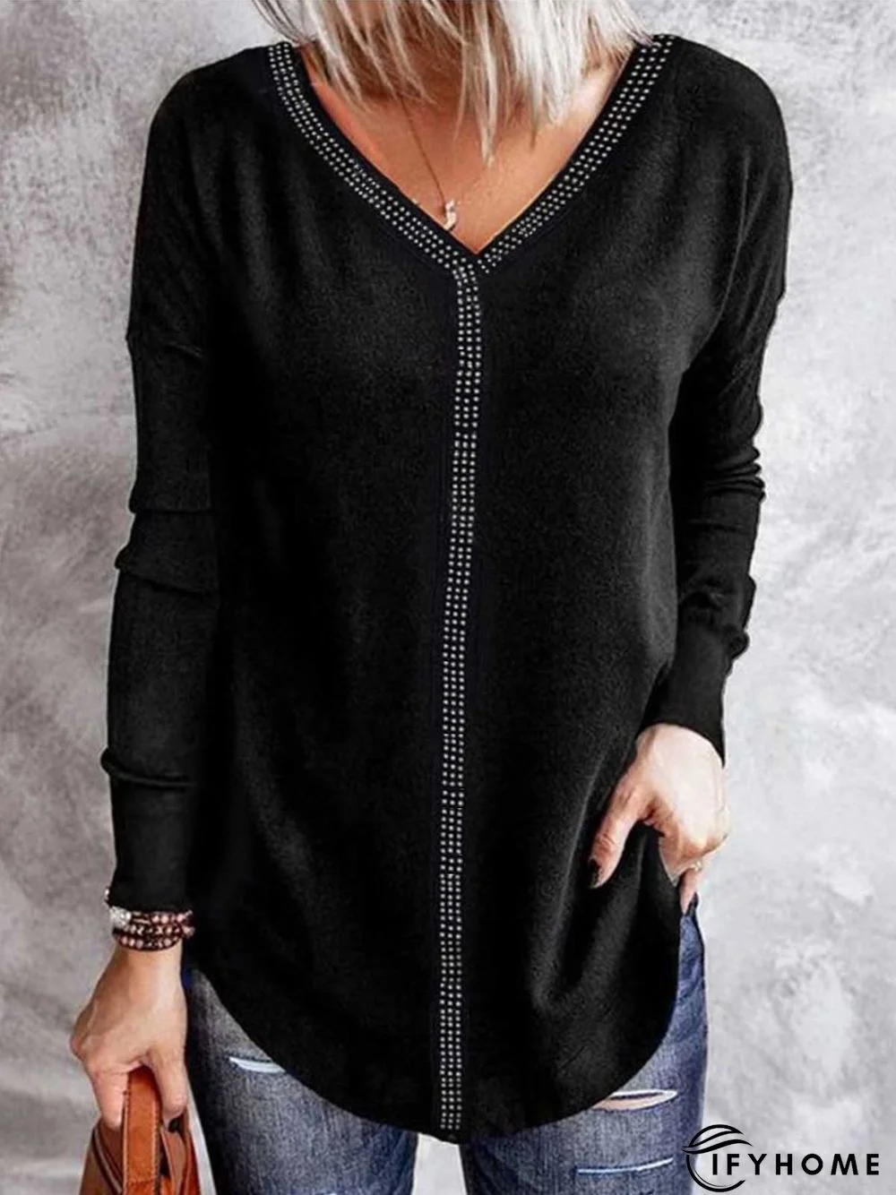 Casual JerseyV neck  Hot Drilling Plain T-Shirt TUNIC | IFYHOME