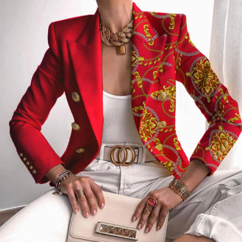 Casual Print Split Joint Buttons Turn-back Collar Outerwear