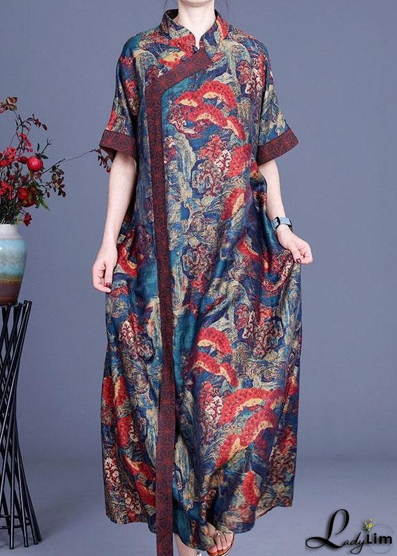 Bohemian Blue Print Silk Robe Dresses Spring