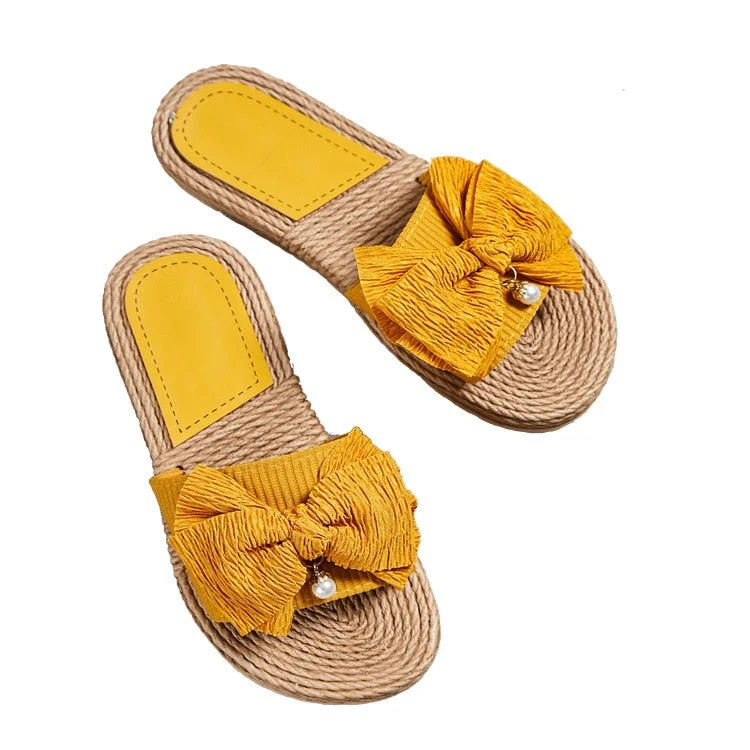 Women Flax Slippers Summer Casual Beach Shoes Ladies Indoor Slippers Bohemia Floral Bow Pearl pendant Flip Flops Sandals hy439