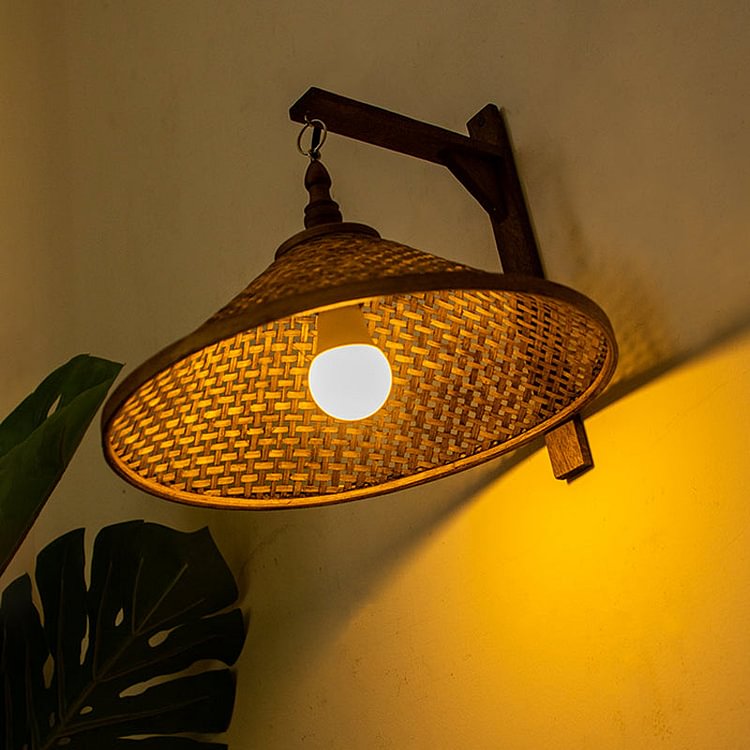 Conical Bamboo Sconce Light Chinese 1 Bulb Brown Wall Mount Lighting for Stairway