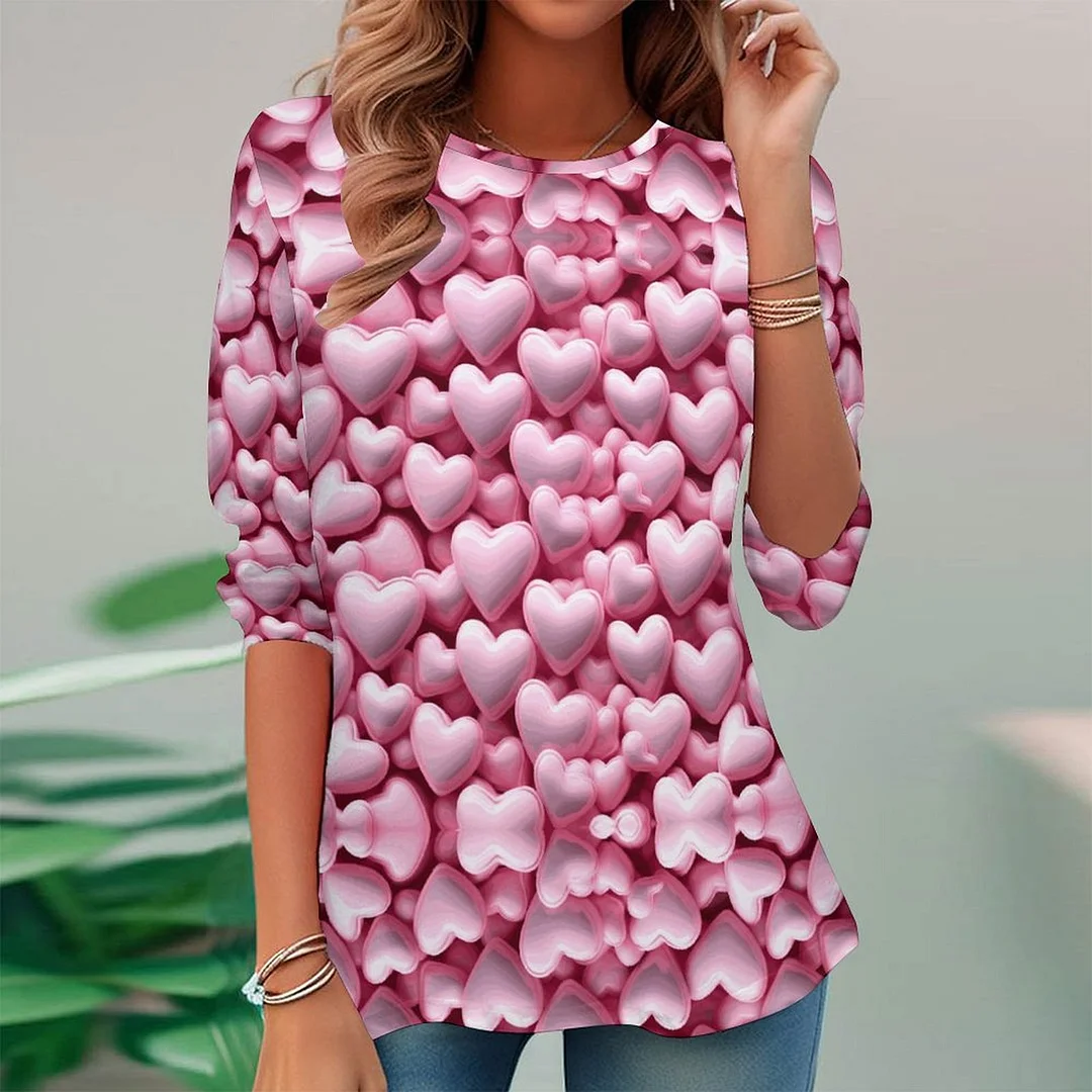 Women plus size clothing Full Printed Long Sleeve Plus Size Tunic for  Women Pattern Hearts-Nordswear