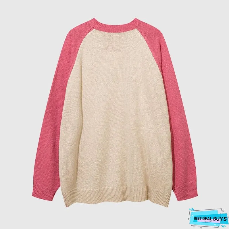 Color Contrast Dinosaur Patchwork Design Knit Pullover