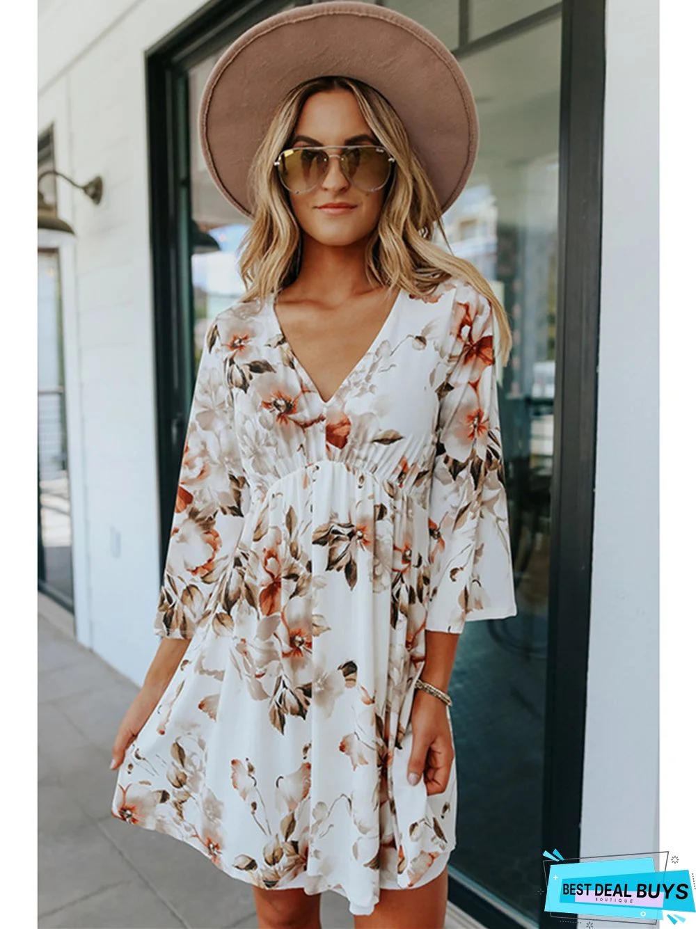 Floral Dress V-Neck Pullover Knee Length Skirt