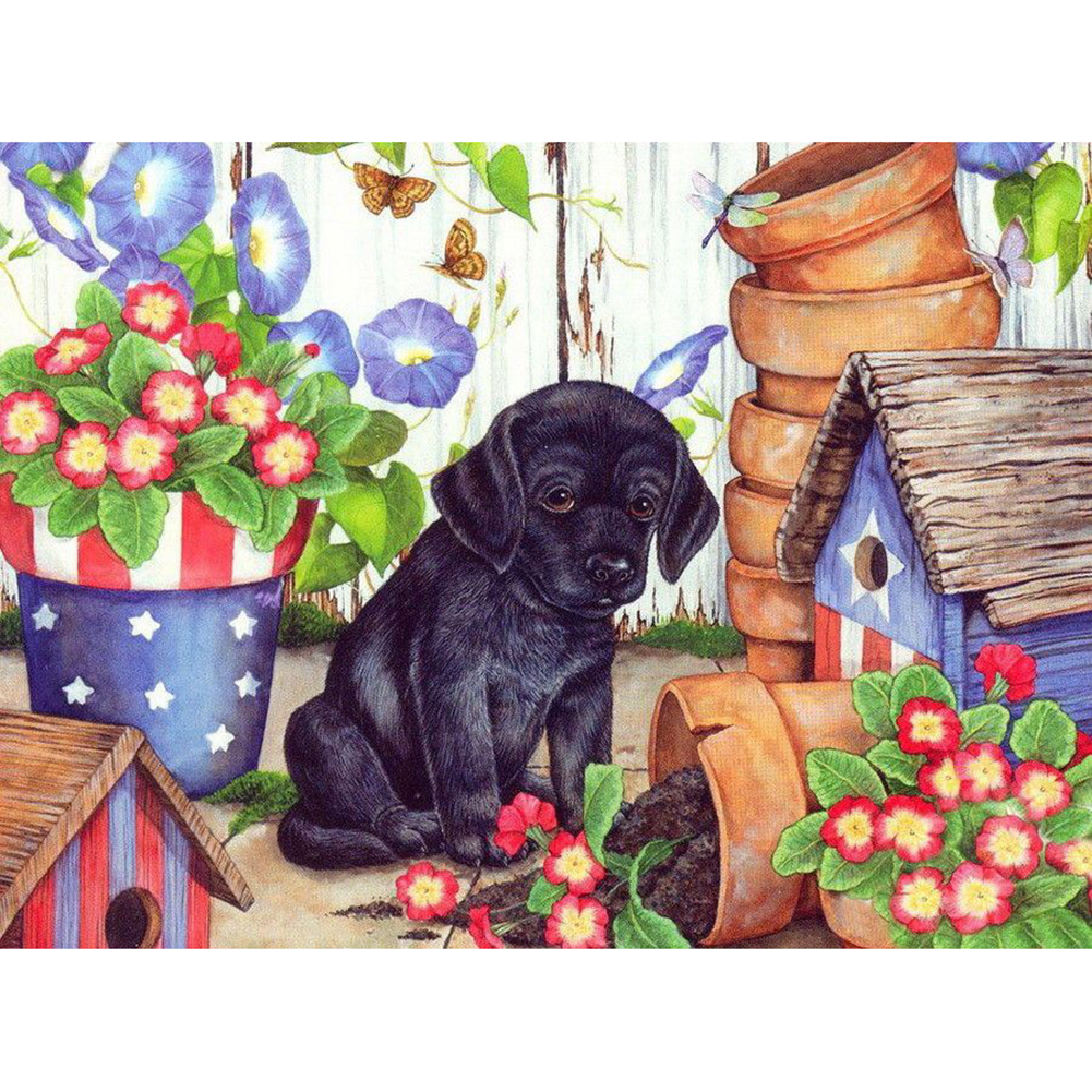 

40*30CM - Round Drill Diamond Painting - Black Dog, 501 Original