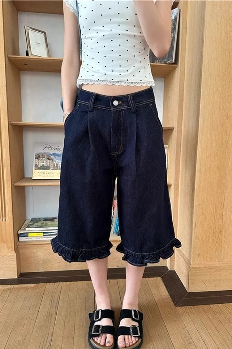 Cropped Denim Shorts with Ruffle Hem High Waist Wide Leg Design for Women