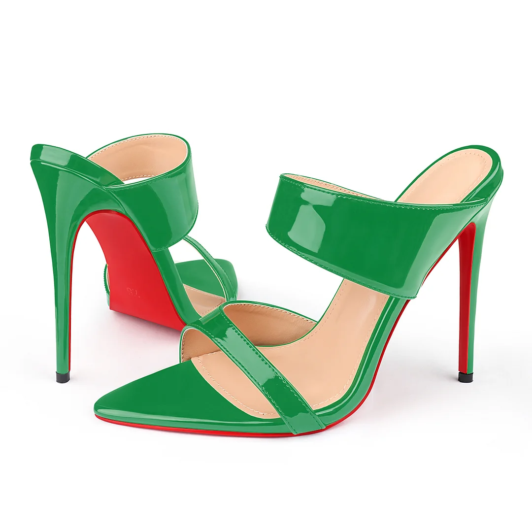 120mm Women's Sandals Pointed Toe Mules Heels Slip on Red Bottom Stilettos Irregular Strap Sandals -MERUMOTE