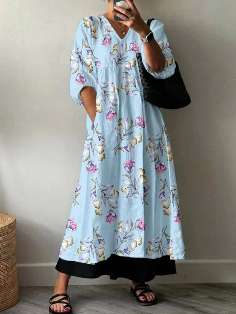 Womens Artistic Rose  Holiday Floral Pattern Cotton Dress
