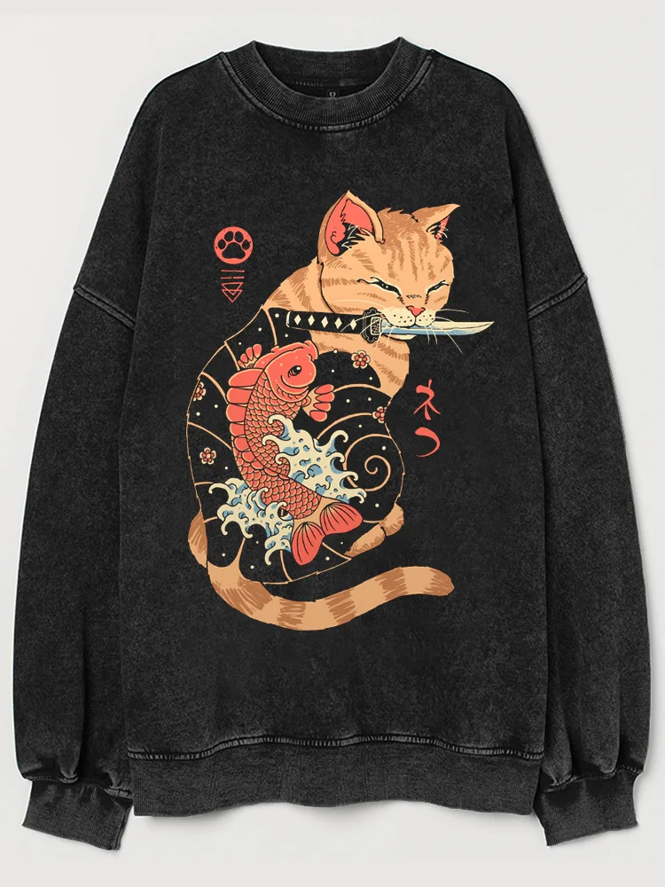 Comstylish Japanese Art Cat Print Vintage Sweatshirt