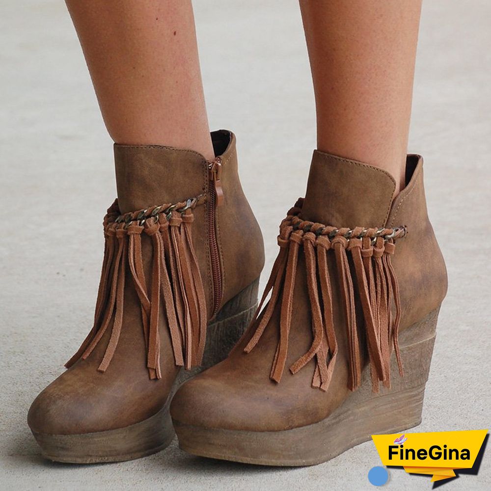 Wedge Booties Artificial Leather Tassel Boots Wedge Heel Zipper Shoes