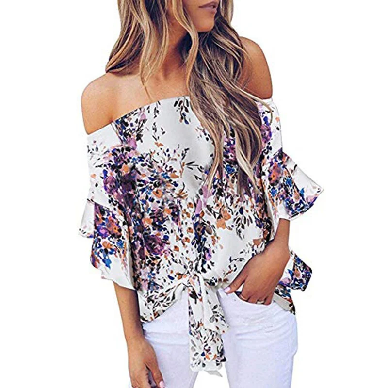 Summer Floral Print Chiffon Blouse Women Off Shoulder Flare Sleeve Tie Knot Front Shirt Loose O-neck Plus Size Beach Party Tops